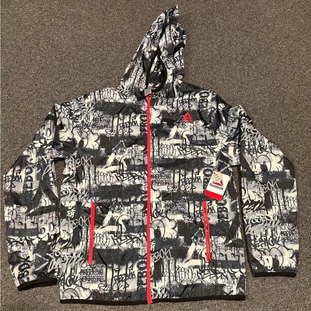 Reebok Kids' Black & White Graphic Hooded Jacket with Red Trim